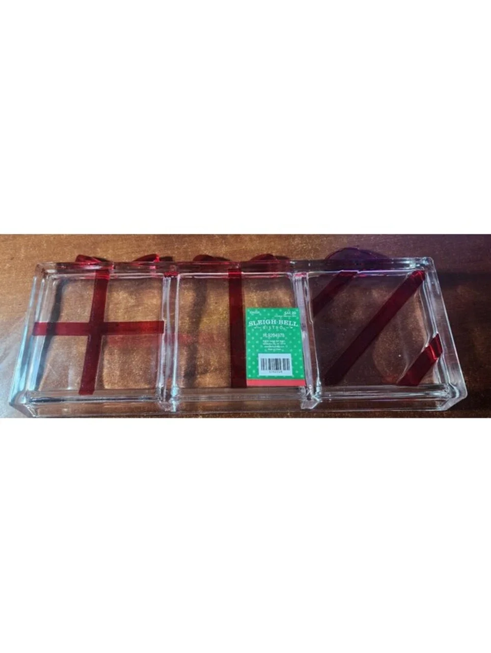 Sleigh Bell Bistro Red Ribbon Glass Tray and Gift Box Set